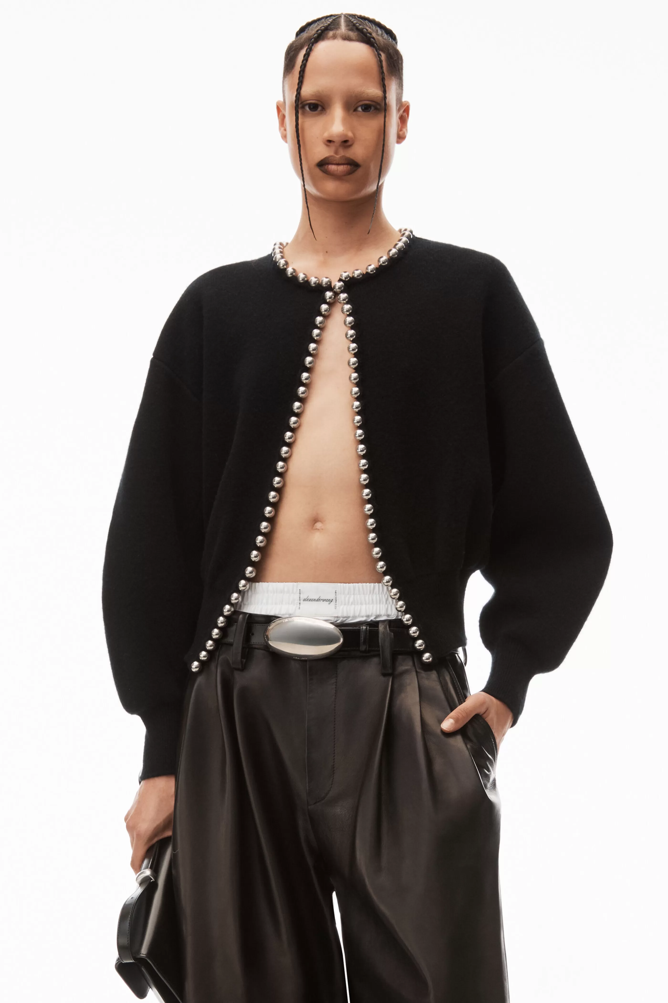 Women Alexander Wang Alexanderwang Crewneck Cardigan With Ball Chain Trim