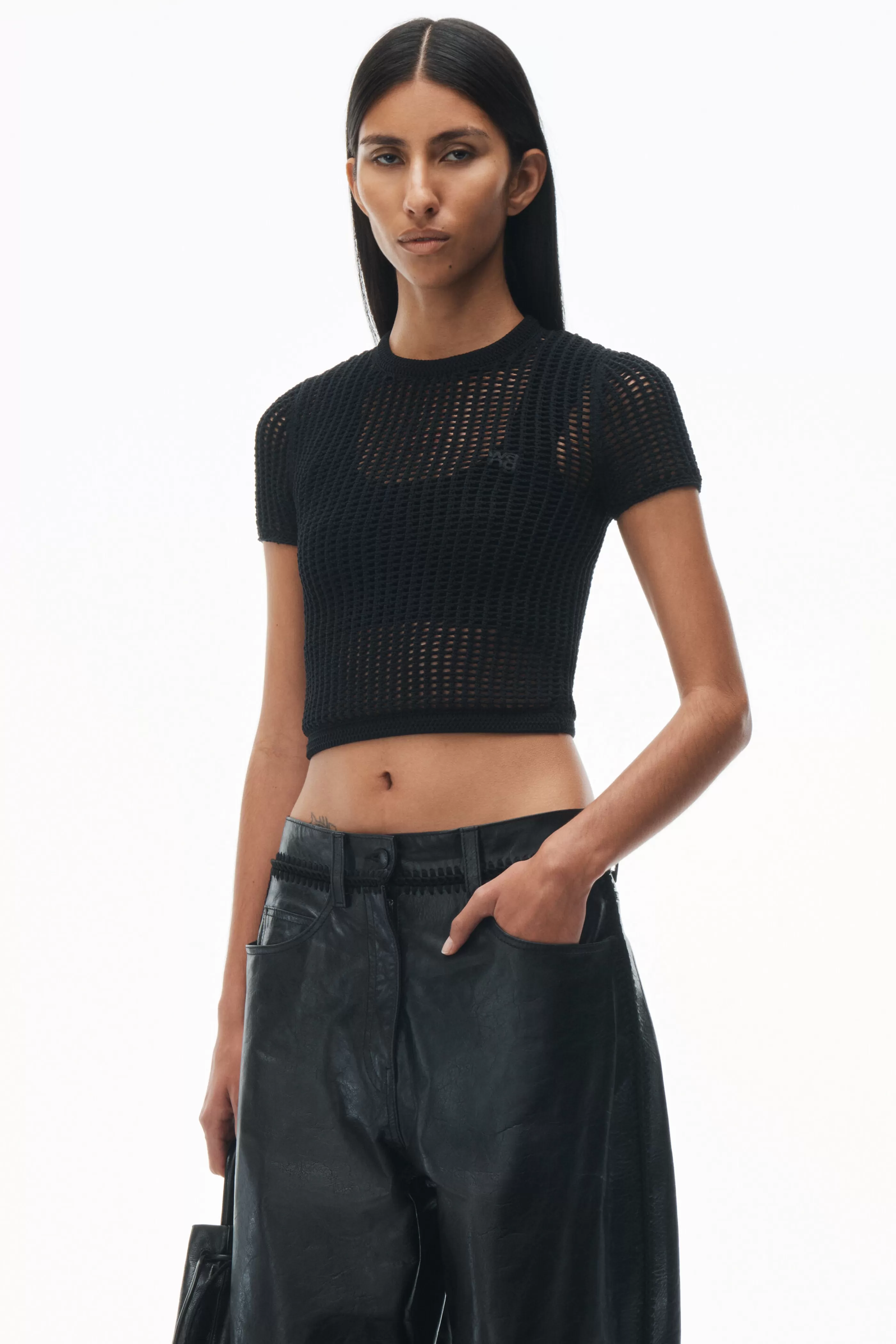 Women Alexander Wang Alexanderwang Crochet Cropped Crewneck Tee With Logo