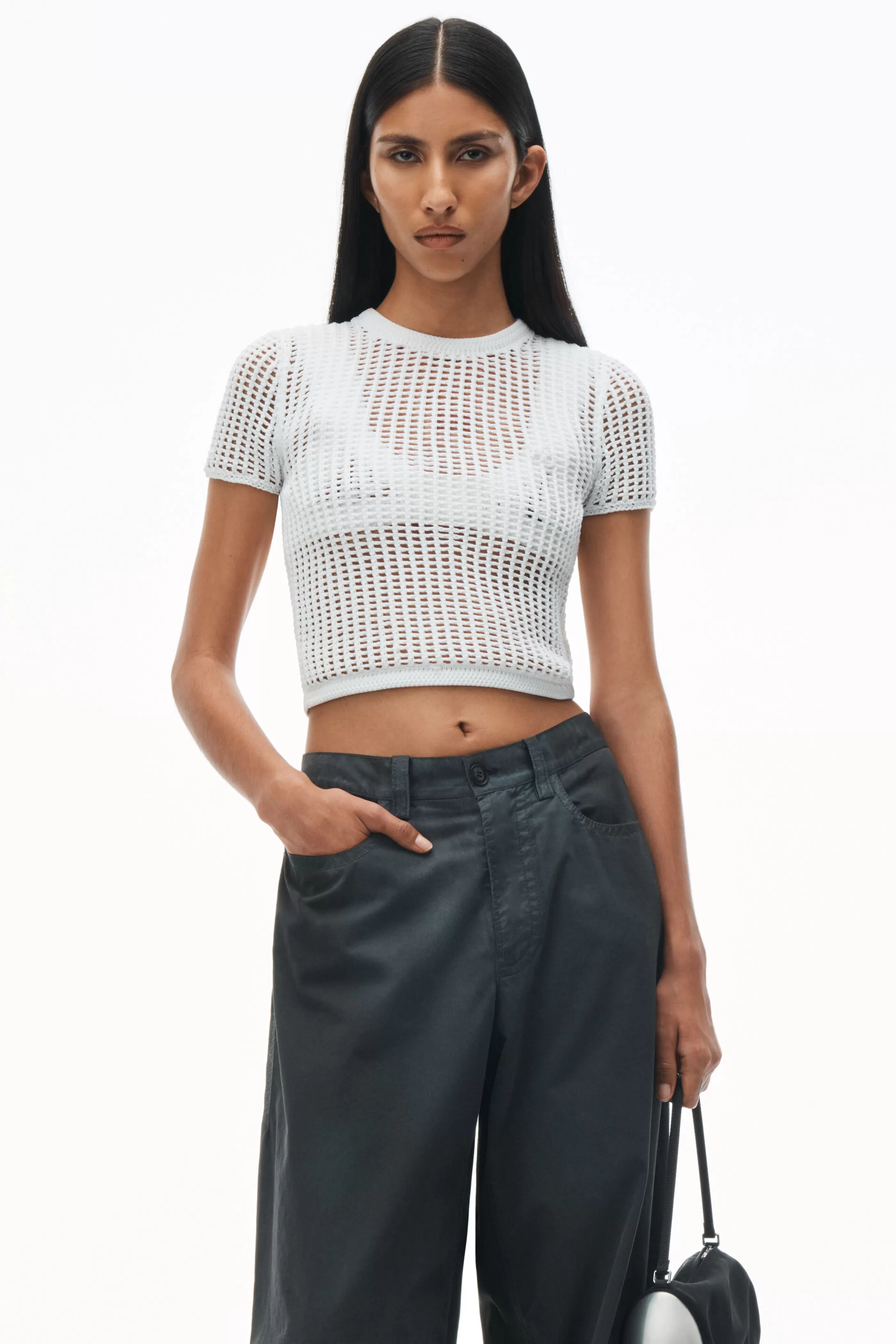 Women Alexander Wang Alexanderwang Crochet Cropped Crewneck Tee With Logo