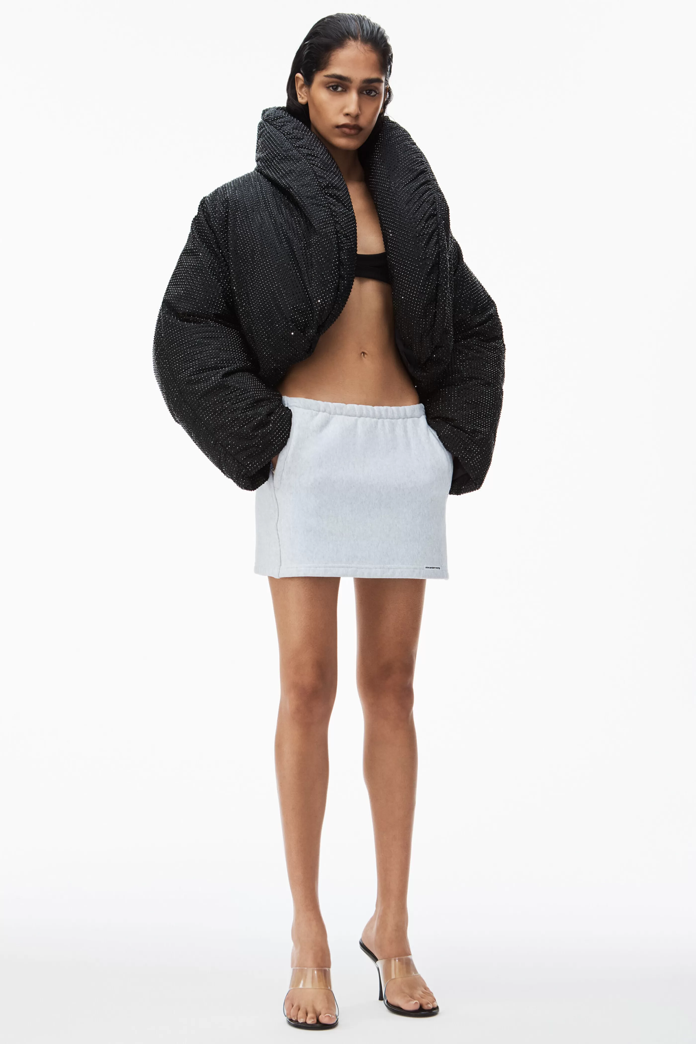 Women Alexander Wang Alexanderwang Crystal Hotfix Cropped Puffer Jacket