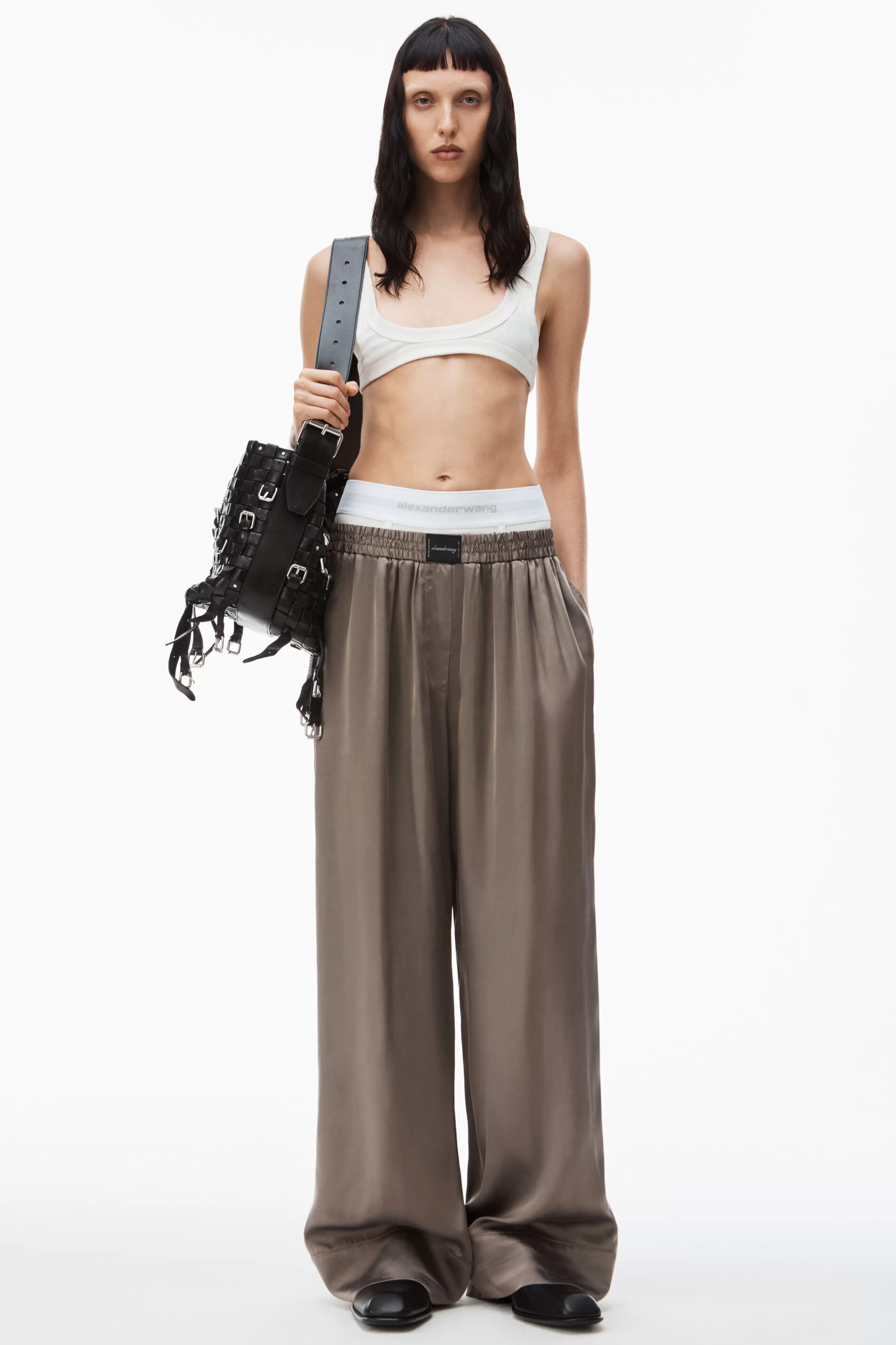 Women Alexander Wang Alexanderwang Logo Boxer Pant In Shiny Cupro Twill