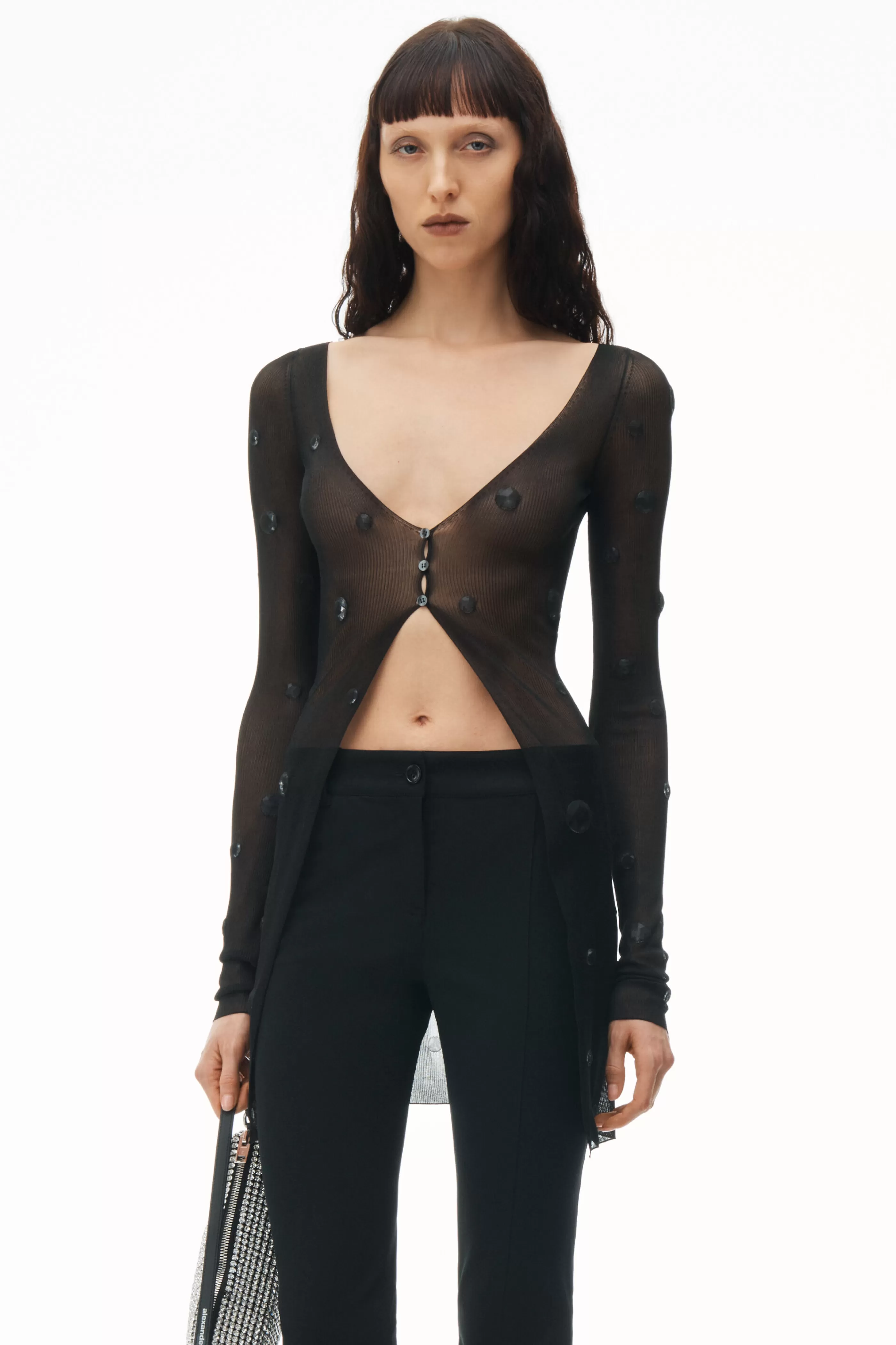 Women Alexander Wang Alexanderwang RIBBED CARDIGAN WITH ENGINEERED TRAPPED GEMS